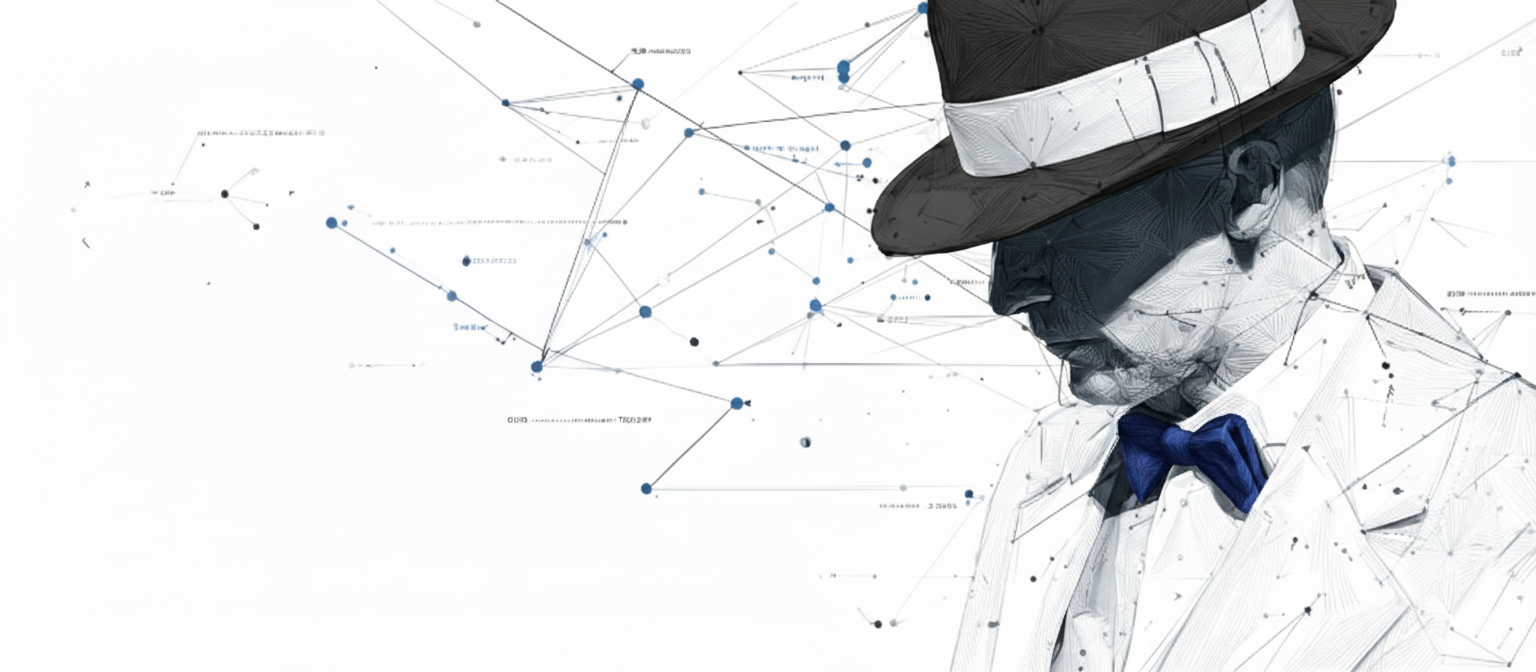 The HatMax gentleman in a fedora and blue bow tie, illustrated in black and white.